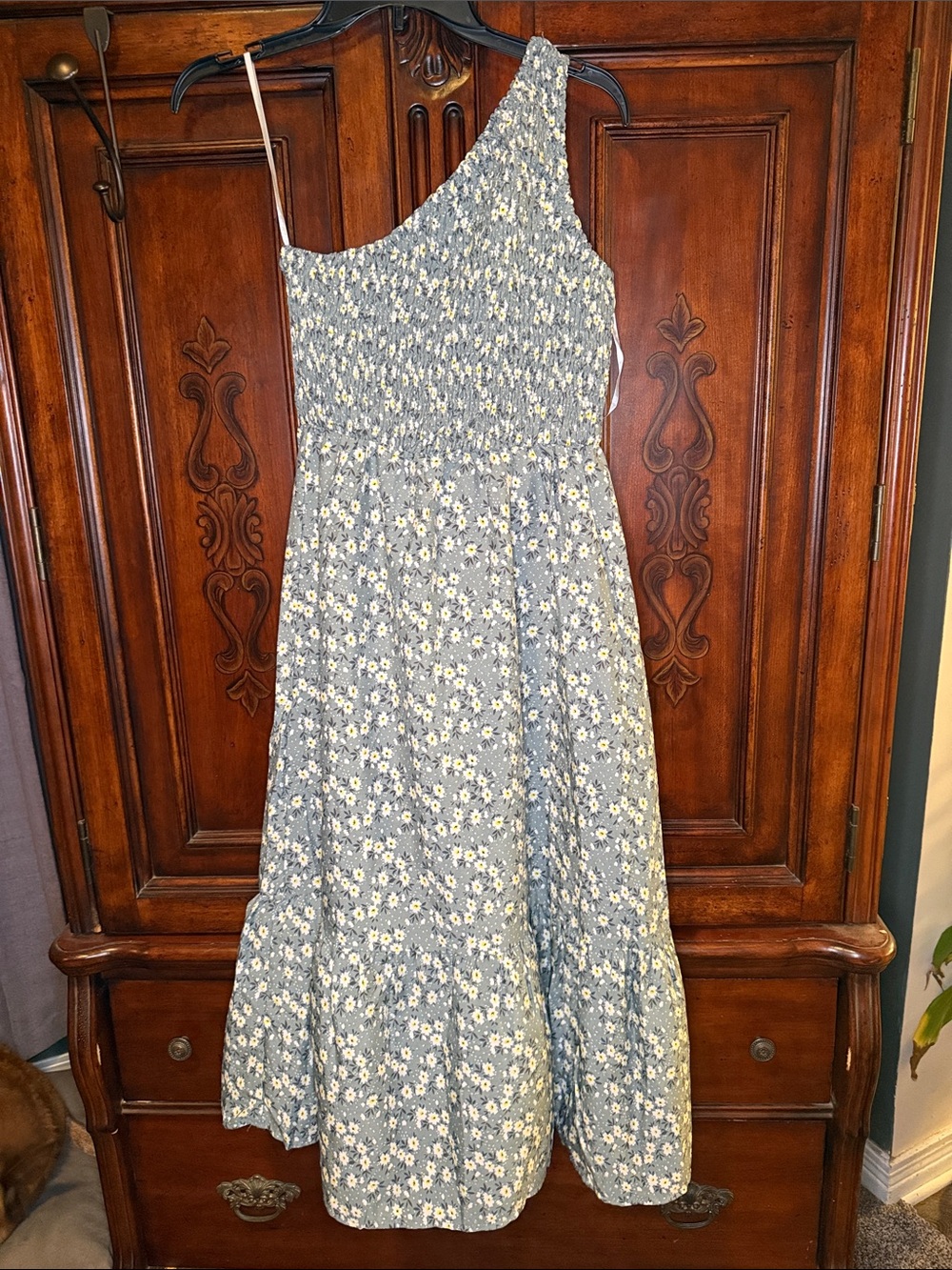 Blue One-Shoulder Floral Midi Dress